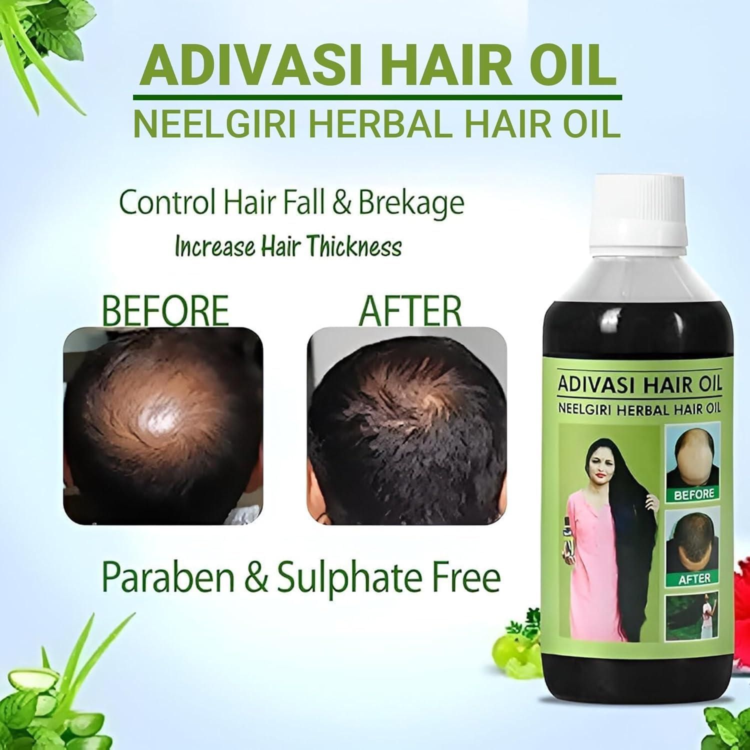 Adivasi Neelgiri Herbal Hair Oil 125ML (Pack of 2) enhances thickness and reduces hair fall, suitable for all hair types.